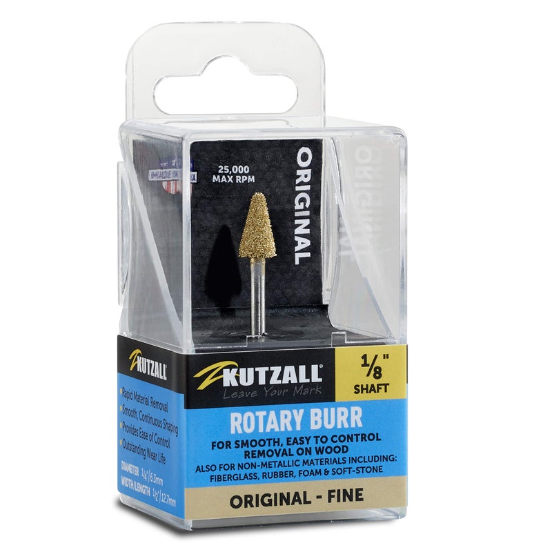 Kutzall Original Taper Rotary Burr, 1â„8" Shaft, Fine - Wood Carving Bit for Dremel, Foredom, DeWalt, Milwaukee. Abrasive Tungsten Carbide, 1â„4" (6.3mm) Head Dia. X 1â„2" (12.7mm) Length, T-14-EG - Image 1